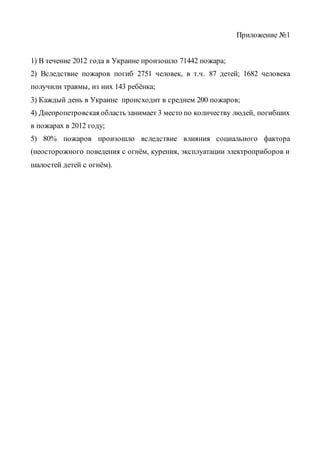 Приложение №1
1) В течение 2012 года в Украине произошло 71442 пожара;
2) Вследствие пожаров погиб 2751 человек, в т.ч. 87 детей; 1682 человека
получили травмы, из них 143 ребёнка;
3) Каждый день в Украине происходит в среднем 200 пожаров;
4) Днепропетровская область занимает 3 место по количеству людей, погибших
в пожарах в 2012 году;
5) 80% пожаров произошло вследствие влияния социального фактора
(неосторожного поведения с огнём, курения, эксплуатации электроприборов и
шалостей детей с огнём).
 