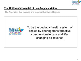 4
The Children’s Hospital of Los Angeles Vision
The Aspiration that Inspires and Informs Our Every Decision
To be the pediatric health system of
choice by offering transformative
compassionate care and life-
changing discoveries
 