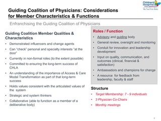8
Enfranchising the Guiding Coalition of Physicians
Guiding Coalition of Physicians: Considerations
for Member Characteristics & Functions
Guiding Coalition Member Qualities &
Characteristics
• Demonstrated influencers and change agents
• Can “check” personal and specialty interests “at the
door”
• Currently in non-formal roles (to the extent possible)
• Committed to ensuring the long-term success of
CHLA
• An understanding of the importance of Access & Care
Model Transformation as part of that long-term
success
• Holds values consistent with the articulated values of
the system
• Strategic and system thinkers
• Collaborative (able to function as a member of a
deliberative body)
Roles / Function
• Advisory and guiding body
• General review, oversight and monitoring
• Conduit for innovation and leadership
development
• Input on quality, communication, and
outcomes (clinical, financial &
satisfaction)
• Ambassadors and champions for change
• A resource for feedback from
leadership, faculty & staff
Structure
• Target Membership: 7 - 9 individuals
• 3 Physician Co-Chairs
• Monthly meetings
 