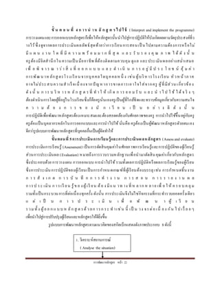 กำรพัฒนำหลักสูตร หน้ำ 22
ขั้ น ต อ น ที่ 4 ก าร น าห ลั ก สู ต ร ไป ใช้ ( Interpret and implement the programme)
กำรวำงแผนและกำรออกแบบหลักสูตรก็เพื่อให้หลักสูตรนั้นนำไปสู่กำรปฏิบัติให้บังเกิดผลตำมวัตถุประสงค์ที่ว
ำงไว้ซึ่งดูจำกผลกำรประเมินผลลัพธ์สุดท้ำยว่ำกำรเรียนกำรสอนเป็ นไปตำมควำมต้องกำรหรือไม่
มี แ ผ น ง ำ น ใ ด ที่ มี ค ว ำ ม พ ร้ อ ม ม ำ ก ที่ สุ ด แ ล ะ รั บ ร อ ง คุ ณ ภ ำ พ ไ ด้ ดั ง นั้ น
ครูต้องมีจิตสำนึกใน ควำมเป็ นมืออำชีพ ที่ต้องติดตำมควบคุม ดูแล และประเมินผลอย่ำงสม่ำเสมอ
เ พื่ อ พิ จ ำ ร ณ ำ ว่ำ สิ่ ง ที่ อ อ ก แ บ บ แ ล ะ ด ำ เ นิ น ก ำ ร อ ยู่ มี ป ร ะ โ ย ช น์ คุ้ ม ค่ ำ
กำรพัฒ น ำหลักสู ตรโรงเรียน จำกบุคคลใดบุคคลหนึ่ ง เช่น ผู้บริหำรโรง เรียน หัวหน้ำภ ำค
อำจไม่ประสบควำมสำเร็จเนื่ องจำกปั ญหำกำรขำดกำรเอำใจใส่จำกครู ผู้ที่มีส่วน เกี่ยวข้อง
ดั ง นั้ น ก ำร บ ริ ห ำ ร ห ลั ก สู ต ร ที่ ท ำ ใ ห้ เกิ ด ก ำร ย อ ม รั บ แ ล ะ น ำ ไ ป ใ ช้ ไ ด้ จ ริ ง ๆ
ต้องดำเนินกำรโดยผู้ที่อยู่ในโรงเรียนซึ่งก็คือครูนั่นเองครูเป็นผู้ที่ใกล้ชิดและทรำบข้อมูลเกี่ยวกับควำมสนใจ
ค ว ำ ม ต้ อ ง ก ำ ร ข อ ง นั ก เ รี ย น เ ป็ น อ ย่ ำ ง ดี ดั ง นั้ น
กำรปฏิบัติเพื่อพัฒนำหลักสูตรต้องเหมำะสมและต้องสอดคล้องกับศักยภำพของครู กำรนำไปใช้ขึ้นอยู่กับครู
ครูต้องเป็นบุคลำกรหลักในกำรออกแบบและกำรนำไปใช้นั่นคือ ครูต้องเป็นผู้พัฒนำหลักสูตรดัวยตนเอง
ดีกว่ำรูปแบบกำรพัฒนำหลักสูตรที่บุคคลอื่นเป็นผู้จัดทำให้
ขั้นตอนที่ 5การประเมินการเรียนรู้และการประเมินผลหลักสูตร (Assessand evaluate)
กำรประเมินกำรเรียนรู้ (Assessment) เป็นกำรตัดสินคุณค่ำในศักยภำพกำรเรียนรู้และกำรปฏิบัติของผู้เรียนรู้
ส่วนกำรประเมินผล (Evaluation) หมำยถึงกำรรวบรวมหลักฐำนเพื่อนำมำตัดสินคุณค่ำเกี่ยวกับหลักสูตร
ซึ่งประกอบด้วย กำรวำงแผน กำรออกแบบ กำรนำไปใช้รวมทั้งผลกำรปฏิบัติหรือผลกำรเรียนรู้ของผู้เรียน
ซึ่งกำรประเมินกำรปฏิบัติของผู้เรียนเป็นกำรกำหนดเกณฑ์ที่ผู้เรียนต้องบรรลุ เช่น กำรกำหนดชิ้นงำน
ก ำ ร สั ง เ ก ต ก ำ ร บั น ทึ ก ก ำ ร ท ำ ง ำ น ก ำ ร ส อ น ก ำ ร ร ำ ย ง ำ น ผ ล
กำรป ระ เมิน ก ำรเรี ยน รู้ข อ ง ผู้เรี ยน ต้อ ง มีแน วท ำง ที่ ห ลำก ห ลำย เพื่ อ ใ ห้ ค รอ บ ค ลุ ม
รวมทั้งเป็นกระบวนกำรที่ต่อเนื่องทุกครั้ง ดังนั้น กำรประเมินจึงไม่ใช่กิจกรรมที่กระทำรวบยอดครั้งเดียว
แ ต่ เ ป็ น ก ำ ร ป ร ะ เ มิ น เ พื่ อ พั ฒ น ำ ผู้ เ รี ย น
รวม ทั้ ง ผู้ออ ก แ บ บ ห ลัก สู ต รด้ว ยก ำรก ระ ท ำเช่น นี้ เป็ น วง จรต่อ เนื่ อง กัน ไ ป เรื่ อ ย ๆ
เพื่อนำไปสู่กำรปรับปรุงผู้เรียนและหลักสูตรให้ดียิ่งขึ้น
รูปแบบกำรพัฒนำหลักสูตรตำมแนวคิดของสกิลเบ็กแสดงดังภำพประกอบ 8ดังนี้
1.กำ 1. วิเครำะห์สถำนกำรณ์
( Analyse the situation)
 