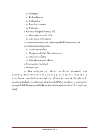 กำรพัฒนำหลักสูตร หน้ำ 31
1.2 ด้ำนเศรษฐกิจ
1.3 ด้ำนสังคมวัฒนธรรม
1.4 ด้ำนสิ่งแวดล้อม
1.5 ด้ำนกำรสื่อสำร/คมนำคม
1.6 ด้ำนประชำกร
2. ศึกษำวิเครำะห์หลักสูตรในด้ำนต่ำงๆ ดังนี้
2.1 หลักกำร จุดหมำย และโครงสร้ำง
2.2 จุดประสงค์และคำอธิบำยรำยวิชำ
3. วำงแผนและจัดทำหลักสูตรตำมควำมต้องกำรของท้องถิ่นในลักษณะต่ำงๆ เช่น
3.1 กำรปรับกิจกรรมกำรเรียนกำรสอน
3.2 กำรปรับรำยละเอียดเนื้อหำ
3.3 ปรับปรุง และ/หรือเลือกใช้สื่อกำรเรียนกำรสอน
3.4 จัดทำสื่อกำรเรียนขึ้นใหม่
3.5 จัดทำคำอธิบำยและรำยวิชำเพิ่มเติม
4. กำหนดแนวทำงกำรจัดกำรเรียนรู้
5. จัดทำแผนกำรสอน
กำรพัฒน ำห ลักสู ตรตำมควำมต้อง กำรของท้องถิ่น ในลักษณะที่ 3.1- 3.4
ส ถ ำ น ศึ ก ษ ำ ไ ม่จ ำ เ ป็ น ต อ ง ข อ อ นุ มัติ / ข อ อ นุ ญ ำ ต จ ำ ก ก ร ะ ท ร ว ง ศึ ก ษ ำ ธิ ก ำ ร
สถำน ศึกษำสำมำรถดำเ นิ น จัดทำคำอธิ บำย ห รื อคำอธิ บำยรำยวิช ำขึ้ น มำใ ห ม่แล้ว
สถำนศึกษำจะต้องดำเนินกำรเสนอในกระทรวงศึกษำธิกำรหรือผู้ที่ได้รับกำรอนุมัติและกระทรวงศึกษำธิกำ
รประกำศให้ใช้ได้แล้วจึงจะสำมำรถนำไปใช้ในกำรจัดกำรเรียนกำรสอนในสถำนศึกษำได้ ดังภำพประกอบ
10 ดังนี้
 