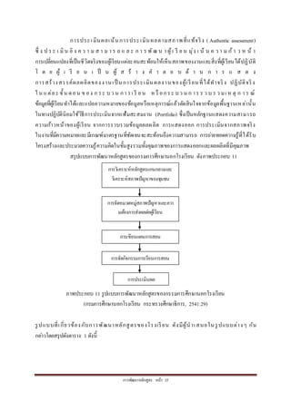 กำรพัฒนำหลักสูตร หน้ำ 35
กำรประเมินผลเน้นกำรประเมินผลตำมสภำพที่แท้จริง ( Authentic assessment)
ซึ่ ง ป ร ะ เ มิน อิ ง ค ว ำ ม ส ำ ม ำ ร ถ แ ล ะ ก ำ ร พัฒ น ำ ผู้เ รี ย น มุ่ง เ น้ น ค ว ำ ม ก้ำ ว ห น้ ำ
กำรเปลี่ยนแปลงที่เป็นชีวิตจริงของผู้เรียนแต่ละคนสะท้อนให้เห็นสภำพของงำนและสิ่งที่ผู้เรียนได้ปฏิบัติ
โ ด ย ผู้ เ รี ย น เ ป็ น ผู้ ส ร้ ำ ง ค ำ ต อ บ ด้ ำ น ก ำ ร แ ส ด ง
กำรสร้ำงสรรค์ผลผลิตของงำนเป็ นกำรประเมินผลงำนของผู้เรียนที่ได้ทำจริง ปฏิบัติจริง
ใ น แต่ละ ขั้น ตอน ข อง ก ระ บว น กำ รเ รี ยน ห รื อกระ บว น ก ำร ร ว บ ร ว มเ ห ตุ ก ำ ร ณ์
ข้อมูลที่ผู้เรียนทำได้และแปลควำมหมำยของข้อมูลหรือเหตุกำรณ์แล้วตัดสินใจจำกข้อมูลพื้นฐำนเหล่ำนั้น
ในทำงปฏิบัตินิยมใช้วิธีกำรประเมินจำกแฟ้มสะสมงำน (Portfolio) ซึ่งเป็นหลักฐำนแสดงควำมสำมำรถ
ควำมก้ำวหน้ำของผู้เรียน จำกกำรรวบรวมข้อมูลผลผลิต กำรแสดงออก กำรประเมินจำกสภำพจริง
ในงำนที่มีควำมหมำยและมีเกณฑ์มำตรฐำนที่ชัดเจนจะสะท้อนถึงควำมสำมำรถ กำรถ่ำยทอดควำมรู้ที่ได้รับ
โครงสร้ำงและประมวลควำมรู้ควำมคิดในขั้นสูงรวมทั้งคุณภำพของกำรแสดงออกและผลผลิตที่มีคุณภำพ
สรุปแบบกำรพัฒนำหลักสูตรของกรมกำรศึกษำนอกโรงเรียน ดังภำพประกอบ 11
ภำพประกอบ 11 รูปแบบกำรพัฒนำหลักสูตรของกรรมกำรศึกษำนอกโรงเรียน
(กรมกำรศึกษำนอกโรงเรียน กระทรวงศึกษำธิกำร, 2541:29)
รูปแบบที่เกี่ยวข้องกับกำรพัฒนำหลักสูตรของโรงเรียน ดังมีผู้นำเสนอในรูปแบบต่ำงๆ กัน
กล่ำวโดยสรุปดังตำรำง 1 ดังนี้
กำรวิเครำะห์หลักสูตรแกนกลำงและ
วิเครำะห์สภำพปัญหำของชุมชน
กำรจัดหมวดหมู่สภำพปัญหำและควำ
มต้องกำรส่งผลต่อผู้เรียน
กำรจัดกิจกรรมกำรเรียนกำรสอน
กำรเขียนแผนกำรสอน
กำรประเมินผล
 