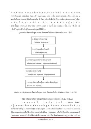 กำรพัฒนำหลักสูตร หน้ำ 22
ก ำ ร สั ง เ ก ต ก ำ ร บั น ทึ ก ก ำ ร ท ำ ง ำ น ก ำ ร ส อ น ก ำ ร ร ำ ย ง ำ น ผ ล
กำรประ เ มิน กำรเ รี ยน รู้ของ ผู้เ รี ยน ต้อง มีแน ว ทำง ที่หลำ กหลำยเ พื่อใ ห้คร อ บ ค ลุ ม
รวมทั้งเป็นกระบวนกำรที่ต่อเนื่องทุกครั้ง ดังนั้น กำรประเมินจึงไม่ใช่กิจกรรมที่กระทำรวบยอดครั้งเดียว
แ ต่ เ ป็ น ก ำ ร ป ร ะ เ มิ น เ พื่ อ พั ฒ น ำ ผู้ เ รี ย น
รวมทั้ง ผู้ออกแบบ ห ลัก สู ต รด้วย กำร กระ ท ำเ ช่น นี้ เ ป็ น วง จร ต่อเ นื่ อง กัน ไปเ รื่ อ ย ๆ
เพื่อนำไปสู่กำรปรับปรุงผู้เรียนและหลักสูตรให้ดียิ่งขึ้น
รูปแบบกำรพัฒนำหลักสูตรตำมแนวคิดของสกิลเบ็กแสดงดังภำพประกอบ 8ดังนี้
ภำพประกอบ 8 รูปแบบกำรพัฒนำหลักสูตรตำมแนวคิดของสกิลเบ็ก ( Skilbeck , 1984 :230-239 )
5.1.6 รูปแบบการพัฒนาหลักสูตรตามแนวคิดของวอล์คเกอร์ (Decker Walker)
เ ด ค เ ก อ ร์ ว อ ล์ ค เ ก อ ร์ ( Decker Walker)
ป ฏิ เ ส ธ แ น ว คิ ด ก ำ ร พั ฒ น ำ ห ลั ก สู ต ร ด้ ว ย ก ำ ร ก ำ ห น ด สิ่ ง ต่ ำ ง ๆ
ที่เกี่ยวกับหลักสูตรด้วยกำรอธิบำยเชิงเหตุผลโดยปรำศจำกกำรค้นคว้ำหำข้อเท็จจริงมำก่อน
วิธีกำรของวอล์คเกอร์เป็นวิธีกำรศึกษำแบบประจักษ์นิยม (Epiricalism) หรือเป็นวิธีกำรศึกษำแบบธรรมชำติ
(Naturalistic model) ซึ่งเป็ นวิธีกำรที่เป็ นกำรแสวงหำข้อเท็จจริงจำกปรำกฏกำรณ์ทำงสังคม
1.กำ 1. วิเครำะห์สถำนกำรณ์
( Analyse the situation)
2.กำรกำหนดวัตถุประสงค์
( Define Objectives)
3.กำรออกแบบกำรจัดกำรเรียนกำรสอน
( Design theteaching –learning programme )
4.กำรนำหลักสูตรไปใช้
( Interpretand implement the programme )
5.กำรประเมินกำรเรียนรู้และกำรประเมินหลักสูตร
( Assess and evaluate )
 