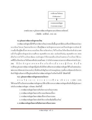 กำรพัฒนำหลักสูตร หน้ำ 25
ภำพประกอบ 9 รูปแบบกำรพัฒนำหลักสูตรตำมแนวคิดของวอล์คเกอร์
( สิทธิชัย เทวธีรัตน์ , 2543: 40)
5.2 รูปแบบการพัฒนาหลักสูตรของไทย
กำรพัฒนำหลักสูตรเพื่อใช้ในกำรจัดกำรเรียนกำรสอนขั้นพื้นฐำนเท่ำที่ผ่ำนมำเป็นหน้ำที่ของหน่วยงำ
นระ ดับน โยบำย โดยกรมวิช ำกำร เป็ น ผู้พัฒ น ำหลักสู ตรแกนกลำงหรือหลักสูตรระดับช ำติ
รวมทั้งเป็ น ผู้จัดเนื้ อหำสำระแบบเรียน สื่อรำยวิชำต่ำงๆ ให้โรงเรียนใช้เห มือน กันทั่วประเทศ
แม้ว่ำใ น คู่มือหลักสู ตรประ ถมศึก ษำ พุทธศักรำช 2521 (ฉบับปรับปรุ ง พุทธศักรำช 2533)
เปิ ดโอ กำส ใ ห้ โรง เรี ยน พัฒ น ำห ลักสู ตรใ ห้ ส อด คล้อ ง กับ บ ริ บท ขอ ง โรงเรี ยน ได้เอ ง
แต่ก็มีโรงเรียนจำนวนไม่น้อยมำกคือประมำณร้อยละ 27(สำนักงำนคณะกรรมกำรกำรศึกษำแห่งชำติ.2543 :
296) ที่ มี ห ลั ก สู ต ร ส อ ด ค ล้ อ ง กั บ ท้ อ ง ถิ่ น แ ล ะ ผู้ เ รี ย น ดั ง นั้ น
กำรศึกษำรูปแบบกำรพัฒนำหลักสูตรที่มุ่งส่งเสริมให้สถำนศึกษำสำมำรถพัฒนำหลักสูตรได้ในบริบทของประเ
ทศจำกแนวคิดของหน่วยงำนต่ำงๆ ซึ่งมีส่วนสำคัญในกำรกำหนดรูปแบบ รวมทั้งแนวคิดของนักวิชำกำร
อันนำไปสู่กำรสังเครำะห์เป็นรูปแบบสำหรับกำรพัฒนำหลักสูตรโรงเรียนในครั้งนี้ มีดังต่อไปนี้
5.2.1 รูปแบบการพัฒนาหลักสูตรของกรมวิชาการ
ก ร ม วิ ช ำ ก ำ ร ก ร ะ ท ร ว ง ศึ ก ษ ำ ธิ ก ำ ร ( 2539 : 2-35)
ได้กำหนดให้โรงเรียนสำมำรถพัฒนำหลักสูตรเองได้ภำยใต้แนวทำงกำรพัฒนำหลักสูตรท้องถิ่นซึ่งมีรูปแบบกำ
รดำเนินงำนพัฒนำหลักสูตร 4 ลักษณะ ดังต่อไปนี้
1. กำรพัฒนำหลักสูตรโดยกำรปรับกิจกรรมกำรเรียนกำรสอน
2. กำรพัฒนำหลักสูตรโดยกำรปรับรำยละเอียดของเนื้อหำ
3. กำรพัฒนำหลักสูตรโดยกำรพัฒนำสื่อกำรเรียนกำรสอน
4. กำรพัฒนำหลักสูตรโดยกำรจัดทำวิชำ/รำยวิชำเพิ่มเติมขึ้นมำใหม่
1. การพัฒนาหลักสูตรโดยการปรับกิจกรรมการเรียนการสอน
กำรพิจำรณำไตร่ตรอง
(Deliberation )
กำรออกแบบหลักสูตร
(Curriculum design )
 