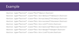 Example
<button type="button" class="btn">Basic</button>
<button type="button" class="btn btn-default">Default</button>
<button type="button" class="btn btn-primary">Primary</button>
<button type="button" class="btn btn-success">Success</button>
<button type="button" class="btn btn-info">Info</button>
<button type="button" class="btn btn-warning">Warning</button>
<button type="button" class="btn btn-danger">Danger</button>
<button type="button" class="btn btn-link">Link</button>
 
