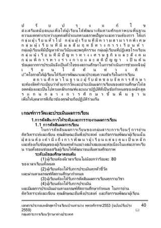 เอกสารประกอบหลักสูตรโรงเรียนบ้านท่าม่วง พุทธศักราช 2553 (ฉบับปรับปรุง
2559) 
กลุ่มสาระการเรียนรู้ภาษาต่างประเทศ
40
ป รั บ ป รุ ง แ ก้ ไ ข
ส่งเสริมสนับสนุนเพื่อให้ผู้เรียนได้พัฒนาเต็มตามศักยภาพบนพื้นฐาน
ความแตกต่างระหว่างบุคคลที่จาแนกตามสภาพปัญหาและความต้องการ ได้แก่
ก ลุ่ ม ผู้ เ รี ย น ทั่ ว ไ ป ก ลุ่ ม ผู้ เ รี ย น ที่ มี ค ว า ม ส า ม า ร ถ พิ เ ศ ษ
ก ลุ่ ม ผู้ เ รี ย น ที่ มี ผ ล สั ม ฤ ท ธิ์ ท า ง ก า ร เ รี ย น ต่ า
กลุ่มผู้เรียนที่มีปัญหาด้านวินัยและพฤติกรรม กลุ่มผู้เรียนที่ปฏิเสธโรงเรียน
ก ลุ่ ม ผู้ เ รี ย น ที่ มี ปั ญ ห า ท า ง เ ศ ร ษ ฐ กิ จ แ ล ะ สั ง ค ม
ก ลุ่ ม พิ ก า ร ท า ง ร่ า ง ก า ย แ ล ะ ส ติ ปั ญ ญ า เ ป็ น ต้ น
ข้อมูลจากการประเมินจึงเป็นหัวใจของสถานศึกษาในการดาเนินการช่วยเหลือผู้
เ รี ย น ไ ด้ ทั น ท่ ว ง ที
ปิิดโอกาสให้ผู้เรียนได้รับการพัฒนาและประสบความสาเร็จในการเรียน
ส ถ า น ศึ ก ษ า ใ น ฐ า น ะ ผู้ รั บ ผิ ด ช อ บ จั ด ก า ร ศึ ก ษ า
จะต้องจัดทาระเบียบว่าด้วยการวัดและประเมินผลการเรียนของสถานศึกษาให้ส
อดคล้องและเป็นไปตามหลักเกณฑ์และแนวปฏิบัติที่เป็ นข้อกาหนดของหลักสูต
ร แ ก น ก ล า ง ก า ร ศึ ก ษ า ขั้ น พื้ น ฐ า น
เพื่อให้บุคลากรที่เกี่ยวข้องทุกฝ่ายถือปฏิบัติร่วมกัน
เกณฑ์การวัดและประเมินผลการเรียน
1.การตัดสิน การให้ระดับและการรายงานผลการเรียน
1.1 การตัดสินผลการเรียน
ในการตัดสินผลการเรียนของกลุ่มสาระการเรียนรู้ การอ่าน
คิดวิเคราะห์และเขียน คุณลักษณะอันพึงประสงค์ และกิจกรรมพัฒนาผู้เรียนนั้น
ผู้ ส อ น ต้ อ ง ค า นึ ง ถึ ง ก า ร พั ฒ น า ผู้ เ รี ย น แ ต่ ล ะ ค น เ ป็ น ห ลั ก
และต้องเก็บข้อมูลของผู้เรียนทุกด้านอย่างสม่าเสมอและต่อเนื่องในแต่ละภาคเรีย
น รวมทั้งสอนซ่อมเสริมผู้เรียนให้พัฒนาจนเต็มตามศักยภาพ
ระดับมัธยมศึกษาตอนต้น
(1)ผู้เรียนต้องมีเวลาเรียนไม่น้อยกว่าร้อยละ 80
ของเวลาเรียนทั้งหมด
(2)ผู้เรียนต้องได้รับการประเมินทุกตัวชี้วัด
และผ่านตามเกณฑ์ที่สถานศึกษากาหนด
(3)ผู้เรียนต้องได้รับการตัดสินผลการเรียนทุกรายวิชา
(4)ผู้เรียนต้องได้รับการประเมิน
และมีผลการประเมินผ่านตามเกณฑ์ที่สถานศึกษากาหนด ในการอ่าน
คิดวิเคราะห์และเขียน คุณลักษณะอันพึงประสงค์ และกิจกรรมพัฒนาผู้เรียน
 