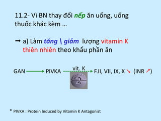 11.2- Vì BN thay đổi nếp ăn uống, uống
thuốc khác kèm
 b) Làm lệch tỷ lệ kết gắn protein/máu
99% lượng thuốc kết gắn prot...