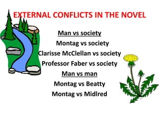 EXTERNAL CONFLICTS IN THE NOVEL
Man vs society
Montag vs society
Clarisse McClellan vs society
Professor Faber vs society
Man vs man
Montag vs Beatty
Montag vs Midlred
 