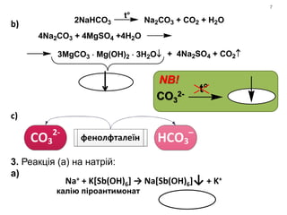 b)
с)
3. Реакція (а) на натрій:
a)
7
4Na2CO3 + 4MgSO4 +4H2O
3MgCO3  Mg(OH)2  3H2O + 4Na2SO4 + CO2
2NaHCO3
t°
Na2CO3 + CO2 + H2O
CO3
2-
t°
NB!
Na+ + K[Sb(OH)6] → Na[Sb(OH)6]↓ + K+
калію піроантимонат
 