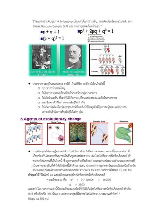 วิวัฒนาการระดับจุลภาค (microevolution) ได้แก่ มิวเทชัน, การคัดเลือกโดยธรรมชาติ, การ
อพยพ, Random Genetic Drift และการถ่ายเทเคลื่อนย้ายยีน”
 ประชากรจะอยู่ในสมดุลของ ฮาร์ดี –ไวน์เบิร์ก จะต้องมีเงื่อนไขดังนี้
o ประชากรมีขนาดใหญ่
o ไม่มีการถ่ายเทเคลื่อนย้ายยีนระหว่างกลุ่มประชากร
o ไม่เกิดมิวเทชัน ที่จะทาให้เกิดการเปลี่ยนแปลงของแอลลีลในประชากร
o สมาชิกทุกตัวมีโอกาสผสมพันธุ์ได้เท่ากัน
o ไม่เกิดการคัดเลือกโดยธรรมชาติ โดยสิ่งมีชีวิตทุกตัวมีโอกาสอยู่รอด และประสบ
ความสาเร็จในการสืบพันธุ์ได้เท่าๆ กัน
 การประยุกต์ใช้ทฤษฎีของฮาร์ดี – ไวน์เบิร์ก นามาใช้ในการคาดคะเนความถี่ของแอลลีล ที่
เกี่ยวข้องกับโรคทางพันธุกรรมในยีนพูลของประชากร เช่น โรคโลหิตจางชนิดซิกเคิลเซลล์ ถ้า
ทราบจานวนคนที่เป็นโรคนี้ (ซึ่งถูกควบคุมด้วยยีนด้อย) จะสามารถประมาณจานวนประชากรที่
เป็นพาหะของยีนที่ทาให้เกิดโรคนี้ได้ ตัวอย่างเช่น ประชากรทางภาคตะวันออกเฉียงเหนือจังหวัด
หนึ่งมีคนเป็นโรคโลหิตจางชนิดซิกเคิลเซลล์ จานวน 9 คน จากประชากรทั้งหมด 10,000 คน
กาหนดให้ จีโนไทป์ aa แสดงลักษณะของโรคโลหิตจางชนิดซิกเคิลเซลล์
ความถี่ของ aa คือ q2 = 9 / 10,000 = 0.0009
q = 0.03
แสดงว่า ในประชากรแห่งนี้มีความถี่ของแอลลีลที่ทาให้เกิดโรคโลหิตจางชนิดซิกเคิลเซลล์ เท่ากับ
0.03 หรือคิดเป็น 3% นั่นเอง ประชากรกลุ่มนี้มีพาหะโรคโลหิตจางประมาณเท่าไหร่ ?
(ประมาณ 582 คน)
 