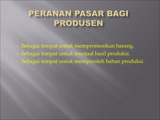 –  Sebagai tempat untuk mempromosikan barang.
–  Sebagai tempat untuk menjual hasil produksi.
–  Sebagai tempat untuk memperoleh bahan produksi.
 