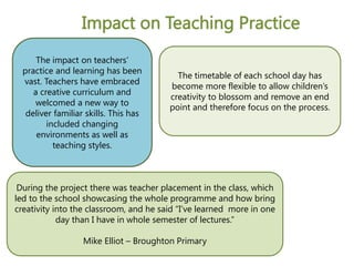 During the project there was teacher placement in the class, which
led to the school showcasing the whole programme and how bring
creativity into the classroom, and he said “I’ve learned more in one
day than I have in whole semester of lectures.”
Mike Elliot – Broughton Primary
The timetable of each school day has
become more flexible to allow children’s
creativity to blossom and remove an end
point and therefore focus on the process.
Impact on Teaching Practice
The impact on teachers’
practice and learning has been
vast. Teachers have embraced
a creative curriculum and
welcomed a new way to
deliver familiar skills. This has
included changing
environments as well as
teaching styles.
 