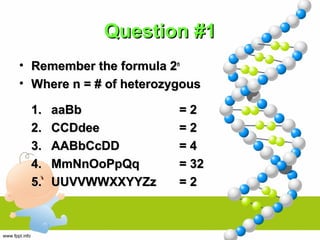 Question #1Question #1
• Remember the formula 2Remember the formula 2nn
• Where n = # of heterozygousWhere n = # of heterozygous
1.1. aaBbaaBb = 2= 2
2.2. CCDdeeCCDdee = 2= 2
3.3. AABbCcDDAABbCcDD = 4= 4
4.4. MmNnOoPpQqMmNnOoPpQq = 32= 32
5.5. UUVVWWXXYYZzUUVVWWXXYYZz = 2= 2
 