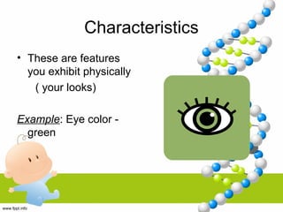Characteristics
• These are features
you exhibit physically
( your looks)
Example: Eye color -
green
 