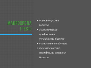 МАКРОСРЕДА
(PEST)
правовые рамки
бизнеса
экономические
предпосылки
успешности бизнеса
социальные тенденции
технологические
платформы развития
бизнеса   
 