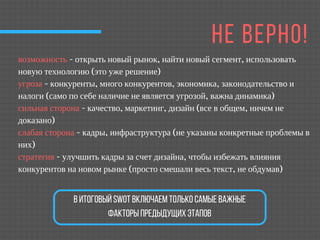 НЕ ВЕРНО!
возможность - открыть новый рынок, найти новый сегмент, использовать
новую технологию (это уже решение)
угроза - конкуренты, много конкурентов, экономика, законодательство и
налоги (само по себе наличие не является угрозой, важна динамика)
сильная сторона - качество, маркетинг, дизайн (все в общем, ничем не
доказано)
слабая сторона - кадры, инфраструктура (не указаны конкретные проблемы в
них)
стратегия - улучшить кадры за счет дизайна, чтобы избежать влияния
конкурентов на новом рынке (просто смешали весь текст, не обдумав)
ВитоговыйSWOTвключаемтолькосамыеважные
факторыпредыдущихэтапов
 