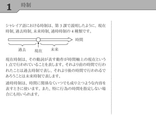 1 時制
シャレイア語における時制は、 第 3 課で説明したように、 現在
時制, 過去時制, 未来時制, 通時時制の 4 種類です。
現在過去 未来
現在時制は、 その動詞が表す動作が時間軸上の現在という
1 点で行われていることを表します。 それより前の時間で行わ
れたことは過去時制で表し、 それより後の時間で行われるで
あろうことは未来時制で表します。
通時時制は、 時間に関係なくいつでも成り立つような内容を
表すときに使います。 また、 特に行為の時間を指定しない場
合にも用いられます。
時間
 