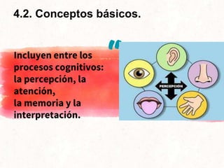 “Incluyen entre los
procesos cognitivos:
la percepción, la
atención,
la memoria y la
interpretación.
4.2. Conceptos básicos.
 
