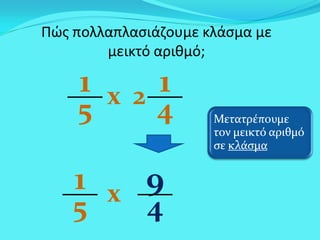 Πώς πολλαπλασιάζουμε κλάσμα με
μεικτό αριθμό;
1
5 x 2 1
4
1
5 x 9
4
Μετατρέπουμε
τον μεικτό αριθμό
σε κλάσμα
 