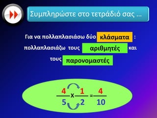 Συμπληρώστε στο τετράδιό σας …
Για να πολλαπλασιάσω δύο …..…….………… :
πολλαπλασιάζω τους ………………………… και
τους ……………………………
4
5
Χ
1
2
=
4
10
αριθμητές
παρονομαστές
κλάσματα
 