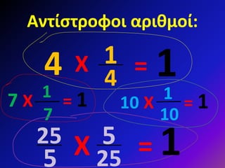 Αντίστροφοι αριθμοί:
4 Χ = 11
4
7 Χ = 11
7
10 Χ = 11
10
Χ = 15
255
25
 