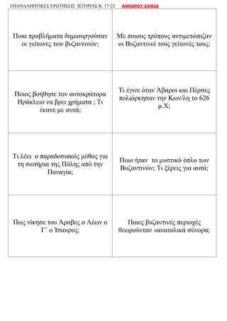 ΕΠΑΝΑΛΗΠΤΙΚΕΣ ΕΡΩΤΗΣΕΙΣ ΙΣΤΟΡΙΑΣ Κ. 17-22 ΑΝΘΙΜΟΥ ΣΟΦΙΑ
Ποια προβλήματα δημιουργούσαν
οι γείτονες των βυζαντινών;
Με ποιους τρόπους αντιμετώπιζαν
οι Βυζαντινοί τους γείτονές τους;
Ποιος βοήθησε τον αυτοκράτορα
Ηράκλειο να βρει χρήματα ; Τι
έκανε με αυτά;
Τι έγινε όταν Άβαροι και Πέρσες
πολιόρκησαν την Κων/λη το 626
μ.Χ;
Τι λέει ο παραδοσιακός μύθος για
τη σωτήρια της Πόλης από την
Παναγία;
Ποιο ήταν το μυστικό όπλο των
Βυζαντινών; Τι ξέρεις για αυτό;
Πως νίκησε του Άραβες ο Λέων ο
Γ΄ ο Ίσαυρος;
Ποιες βυζαντινές περιοχές
θεωρούνταν «ανατολικά σύνορα;
 