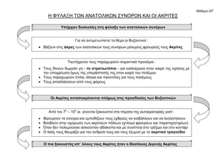 Μάθημα:20ο
Η ΦΥΛΑΞΗ ΤΩΝ ΑΝΑΤΟΛΙΚΩΝ ΣΥΝΟΡΩΝ ΚΑΙ ΟΙ ΑΚΡΙΤΕΣ
Υπήρχαν δυσκολίες στη φύλαξη των ανατολικών συνόρων
Οι Ακρίτες ανταποκρίνονται πλήρως στις προσδοκίες των Βυζαντινών
Ο πιο ξακουστός απ΄ όλους τους Ακρίτες ήταν ο Βασίλειος Διγενής Ακρίτας
Για να αντιμετωπιστεί το θέμα οι Βυζαντινοί :
 Βάζουν στις άκρες των ανατολικών τους συνόρων μόνιμους φρουρούς τους Ακρίτες
Ταυτόχρονα τους παραχωρούν σημαντικά προνόμια :
 Τους δίνουν δωρεάν γη - τα στρατιωτόπια - για καλλιέργεια στον καιρό της ειρήνης με
την υποχρέωση όμως της υπεράσπισής της στον καιρό του πολέμου
 Τους παραχωρούν όπλα, άλογα και πανοπλίες για τους πολέμους
 Τους απαλλάσσουν από τους φόρους
Από τον 7ο
– 10ο
αι. γίνονται ξακουστοί στα πέρατα της αυτοκρατορίας γιατί :
 Φρουρούν τα σύνορα και εμποδίζουν τους εχθρούς να εισβάλλουν και να λεηλατήσουν
 Βοηθούν στην οχύρωση των ακριτικών πόλεων (χτίσιμο φρουρίων και παρατηρητηρίων)
 Όταν δεν πολεμούσαν ασκούνταν αδιάκοπα και με συνέπεια στο τρέξιμο και στο κοντάρι
 Ο λαός τους θαυμάζει για την ανδρεία τους και τους εξυμνεί με τα ακριτικά τραγούδια
Χαράλαμπος Δ. Δημόπουλος
 
