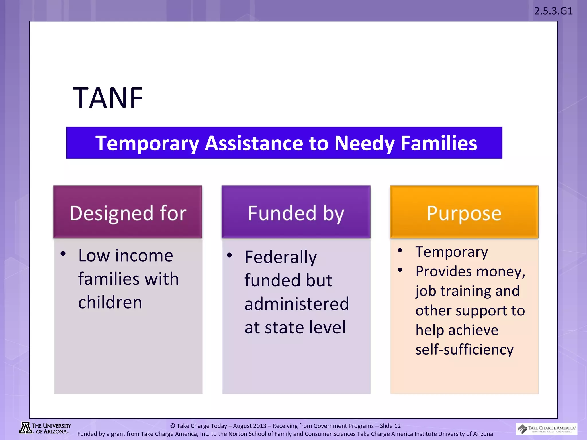 2.5.3.G1
© Take Charge Today – August 2013 – Receiving from Government Programs – Slide 12
Funded by a grant from Take Charge America, Inc. to the Norton School of Family and Consumer Sciences Take Charge America Institute University of Arizona
TANF
Temporary Assistance to Needy Families
• Low income
families with
children
• Federally
funded but
administered
at state level
• Temporary
• Provides money,
job training and
other support to
help achieve
self-sufficiency
 