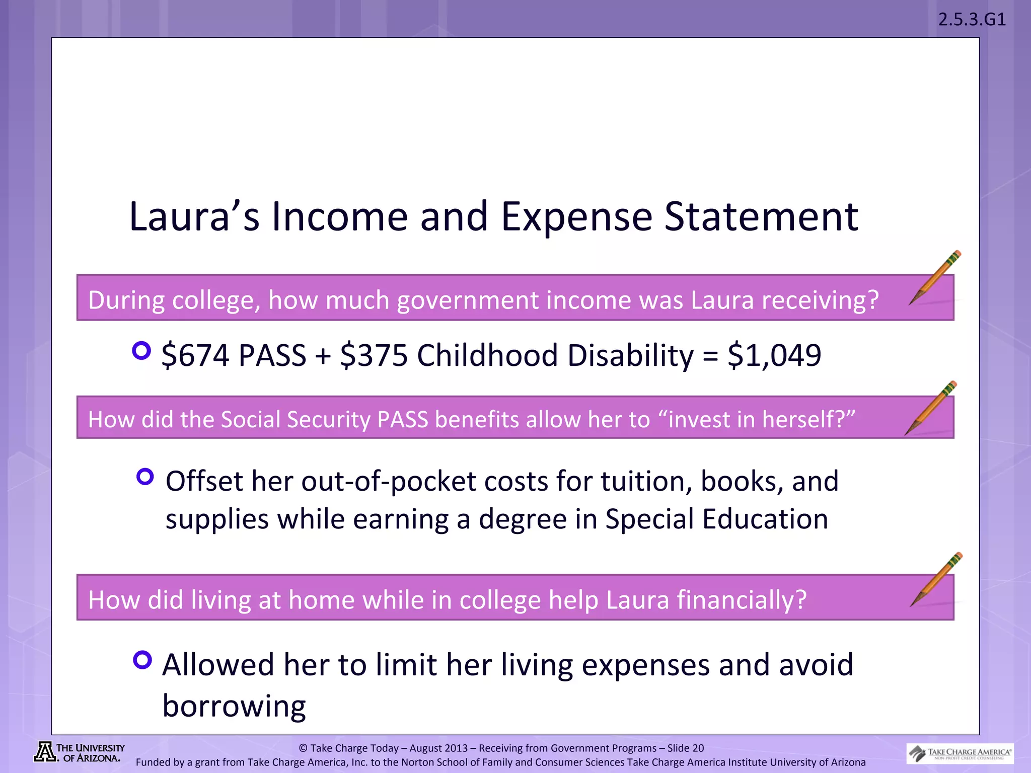 2.5.3.G1
© Take Charge Today – August 2013 – Receiving from Government Programs – Slide 20
Funded by a grant from Take Charge America, Inc. to the Norton School of Family and Consumer Sciences Take Charge America Institute University of Arizona
Laura’s Income and Expense Statement
 $674 PASS + $375 Childhood Disability = $1,049
During college, how much government income was Laura receiving?
How did the Social Security PASS benefits allow her to “invest in herself?”
How did living at home while in college help Laura financially?
 Offset her out-of-pocket costs for tuition, books, and
supplies while earning a degree in Special Education
 Allowed her to limit her living expenses and avoid
borrowing
 