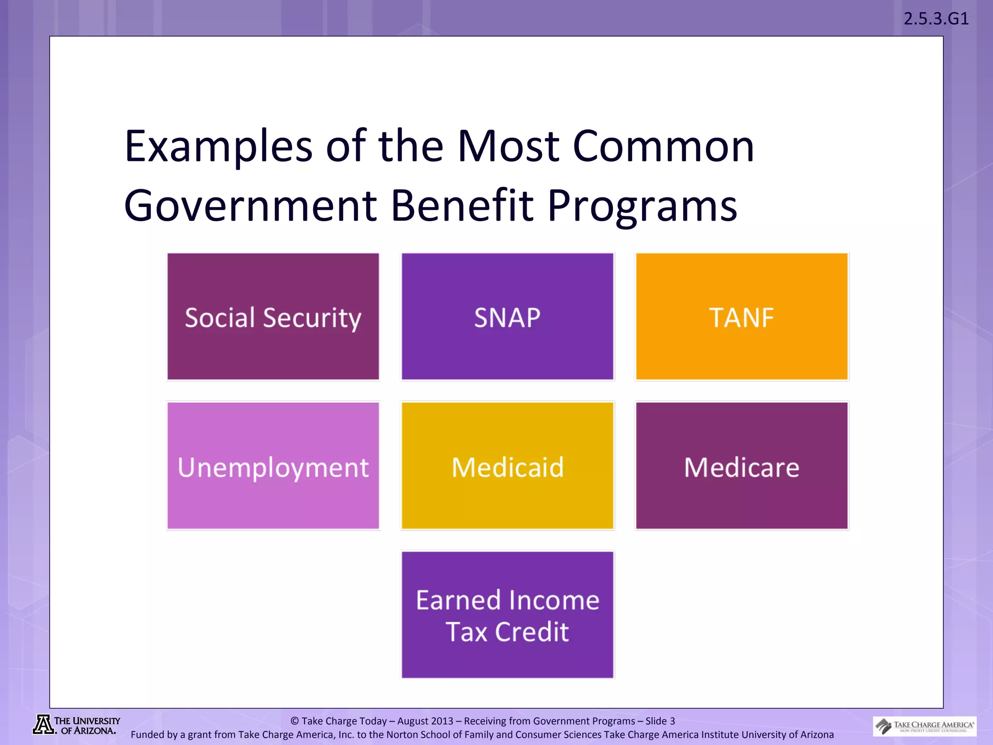 2.5.3.G1
© Take Charge Today – August 2013 – Receiving from Government Programs – Slide 3
Funded by a grant from Take Charge America, Inc. to the Norton School of Family and Consumer Sciences Take Charge America Institute University of Arizona
Examples of the Most Common
Government Benefit Programs
 