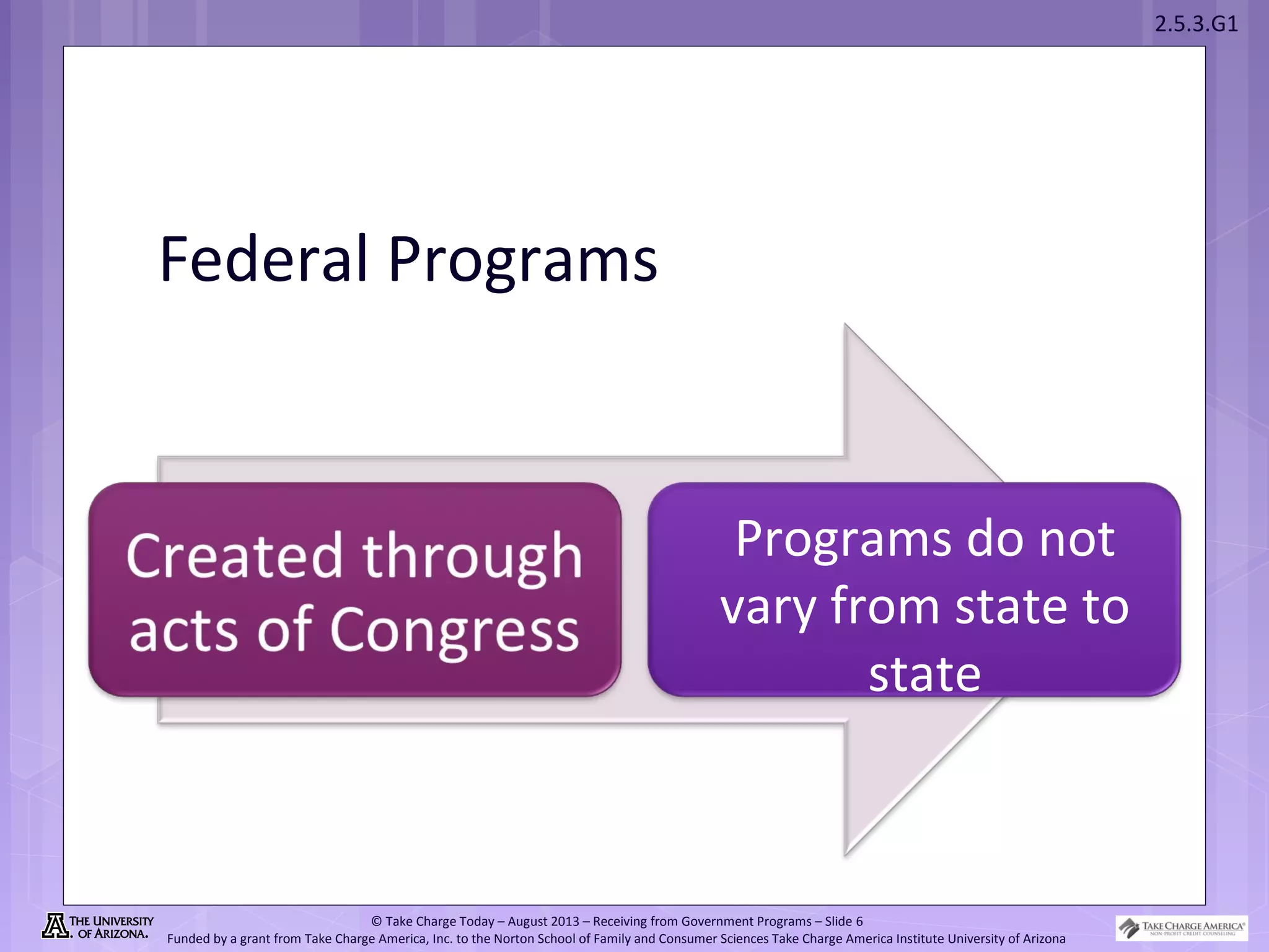 2.5.3.G1
© Take Charge Today – August 2013 – Receiving from Government Programs – Slide 6
Funded by a grant from Take Charge America, Inc. to the Norton School of Family and Consumer Sciences Take Charge America Institute University of Arizona
Federal Programs
Programs do not
vary from state to
state
 