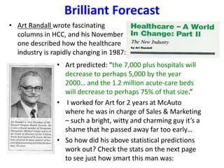 Brilliant Forecast
• Art Randall wrote fascinating
columns in HCC, and his November
one described how the healthcare
industry is rapidly changing in 1987:
• Art predicted: “the 7,000 plus hospitals will
decrease to perhaps 5,000 by the year
2000… and the 1.2 million acute-care beds
will decrease to perhaps 75% of that size.”
• I worked for Art for 2 years at McAuto
where he was in charge of Sales & Marketing
– such a bright, witty and charming guy it’s a
shame that he passed away far too early…
• So how did his above statistical predictions
work out? Check the stats on the next page
to see just how smart this man was:
 