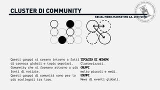 SOCIAL MEDIA MARKETING AA. 2017/2018
CLUSTER DI COMMUNITY
Questi gruppi si creano intorno a fatti
di cronaca globali e topic popolari.
Comunnity che si formano attorno a più
fonti di notizie.
Questi gruppi di comunità sono per lo
più scollegati tra loro.
TIPOLOGIA DI NETWORK
Clusterizzati.
GRUPPI
molto piccoli e medi.
ESEMPI
News di eventi globali.
 