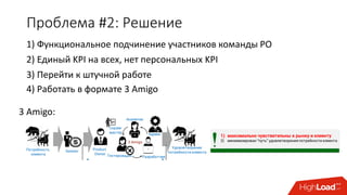 Проблема #2: Решение
3 Amigo:
3) Перейти к штучной работе
4) Работать в формате 3 Amigo
1) Функциональное подчинение участников команды PO
2) Единый KPI на всех, нет персональных KPI
 