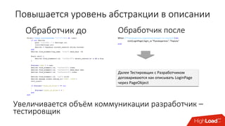 Повышается уровень абстракции в описании
Обработчик до Обработчик после
Далее Тестировщик с Разработчиком
договариваются как описывать LoginPage
через PageObject
Увеличивается объём коммуникации разработчик –
тестировщик
 