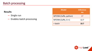 Batch processing
Results
– Single run
– Enables batch processing
Model Inference
ms
MTCNN (Caffe, python) 17
MTCNN (Caffe, C++) 12.7
+ batch 10.7
 