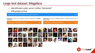 Large test dataset: Megaface
– Identification under up to 1 million “distractors”
– 530 people to find
 