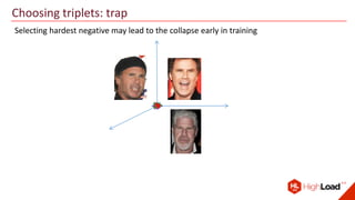 Choosing triplets: trap
Selecting hardest negative may lead to the collapse early in training
 