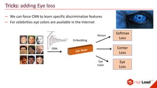 Tricks: adding Eye loss
CNN
Embedding
Person
Softmax
Loss
Center
Loss
– We can force CNN to learn specific discriminative features
– For celebrities eye colors are available in the Internet
Eye
Loss
Eye
Color
 