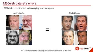 MSCeleb dataset’s errors
MSCeleb is constructed by leveraging search engines
Joe Eszterhas
Joe Eszterhas and Mel Gibson public confrontation leads to the error
Mel Gibson
=
 