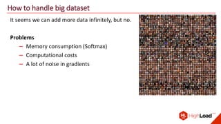 How to handle big dataset
It seems we can add more data infinitely, but no.
Problems
– Memory consumption (Softmax)
– Computational costs
– A lot of noise in gradients
 