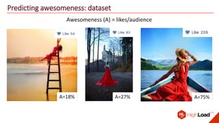 Predicting awesomeness: dataset
Awesomeness (A) = likes/audience
A=18% A=27% A=75%
 