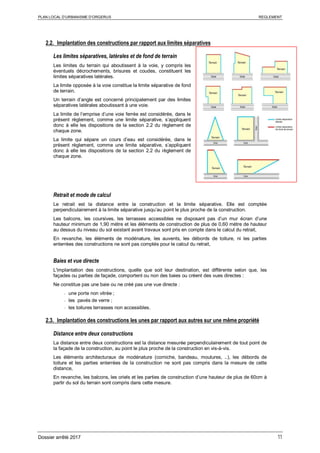 PLAN LOCAL D’URBANISME D’ORGERUS REGLEMENT
Dossier arrêté 2017 11
2.2. Implantation des constructions par rapport aux limites séparatives
Les limites séparatives, latérales et de fond de terrain
Les limites du terrain qui aboutissent à la voie, y compris les
éventuels décrochements, brisures et coudes, constituent les
limites séparatives latérales.
La limite opposée à la voie constitue la limite séparative de fond
de terrain.
Un terrain d’angle est concerné principalement par des limites
séparatives latérales aboutissant à une voie.
La limite de l’emprise d’une voie ferrée est considérée, dans le
présent règlement, comme une limite séparative, s’appliquent
donc à elle les dispositions de la section 2.2 du règlement de
chaque zone.
La limite qui sépare un cours d’eau est considérée, dans le
présent règlement, comme une limite séparative, s’appliquent
donc à elle les dispositions de la section 2.2 du règlement de
chaque zone.
Retrait et mode de calcul
Le retrait est la distance entre la construction et la limite séparative. Elle est comptée
perpendiculairement à la limite séparative jusqu’au point le plus proche de la construction.
Les balcons, les coursives, les terrasses accessibles ne disposant pas d’un mur écran d’une
hauteur minimum de 1,90 mètre et les éléments de construction de plus de 0,60 mètre de hauteur
au dessus du niveau du sol existant avant travaux sont pris en compte dans le calcul du retrait,
En revanche, les éléments de modénature, les auvents, les débords de toiture, ni les parties
enterrées des constructions ne sont pas comptés pour le calcul du retrait,
Baies et vue directe
L'implantation des constructions, quelle que soit leur destination, est différente selon que, les
façades ou parties de façade, comportent ou non des baies ou créent des vues directes :
Ne constitue pas une baie ou ne créé pas une vue directe :
- une porte non vitrée ;
- les pavés de verre ;
- les toitures terrasses non accessibles.
2.3. Implantation des constructions les unes par rapport aux autres sur une même propriété
Distance entre deux constructions
La distance entre deux constructions est la distance mesurée perpendiculairement de tout point de
la façade de la construction, au point le plus proche de la construction en vis-à-vis.
Les éléments architecturaux de modénature (corniche, bandeau, moulures, ..), les débords de
toiture et les parties enterrées de la construction ne sont pas compris dans la mesure de cette
distance,
En revanche, les balcons, les oriels et les parties de construction d’une hauteur de plus de 60cm à
partir du sol du terrain sont compris dans cette mesure.
 