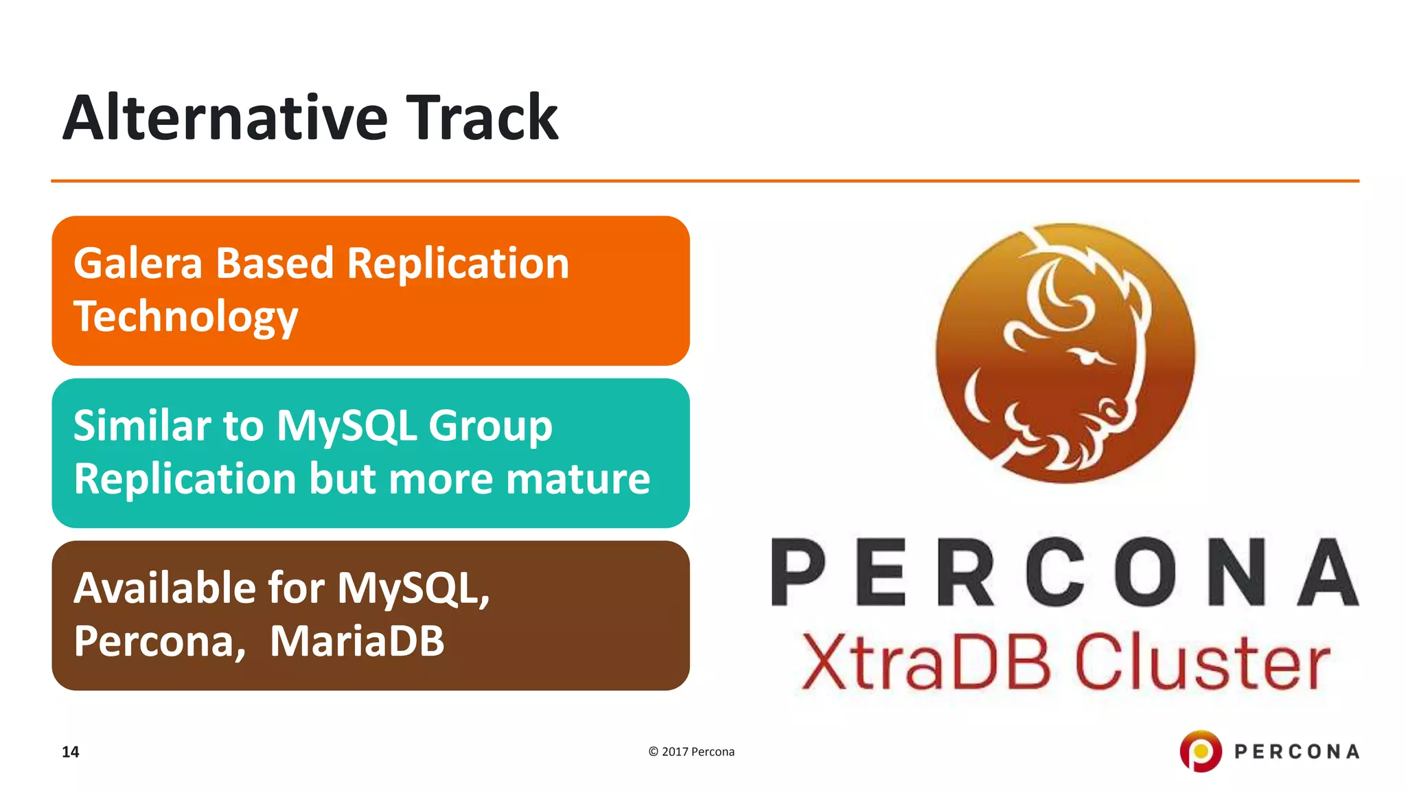 © 2017 Percona14 Galera Based Replication Technology Similar to MySQL Group Replication but more mature Available for MySQL, Percona, MariaDB Alternative Track 