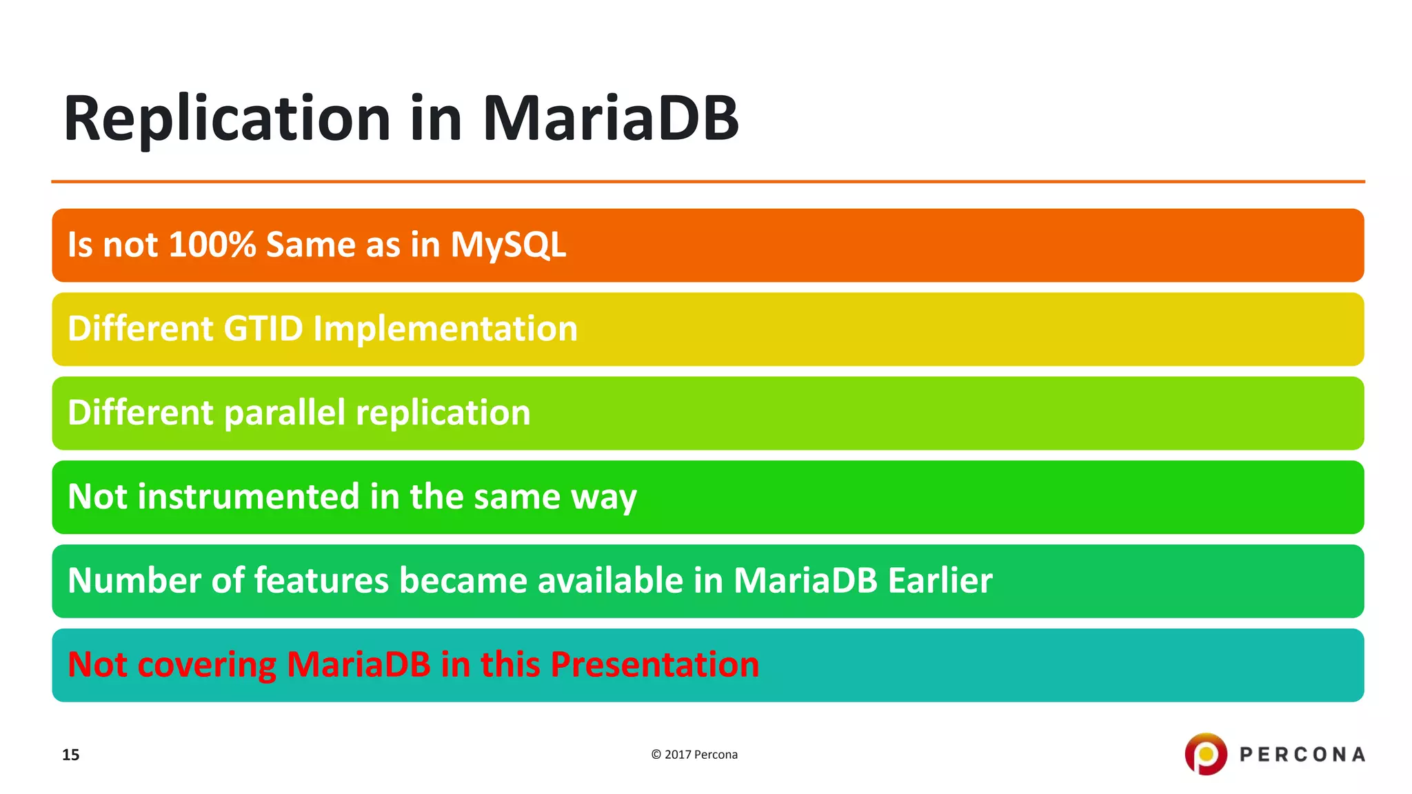 © 2017 Percona15 Replication in MariaDB Is not 100% Same as in MySQL Different GTID Implementation Different parallel replication Not instrumented in the same way Number of features became available in MariaDB Earlier Not covering MariaDB in this Presentation 