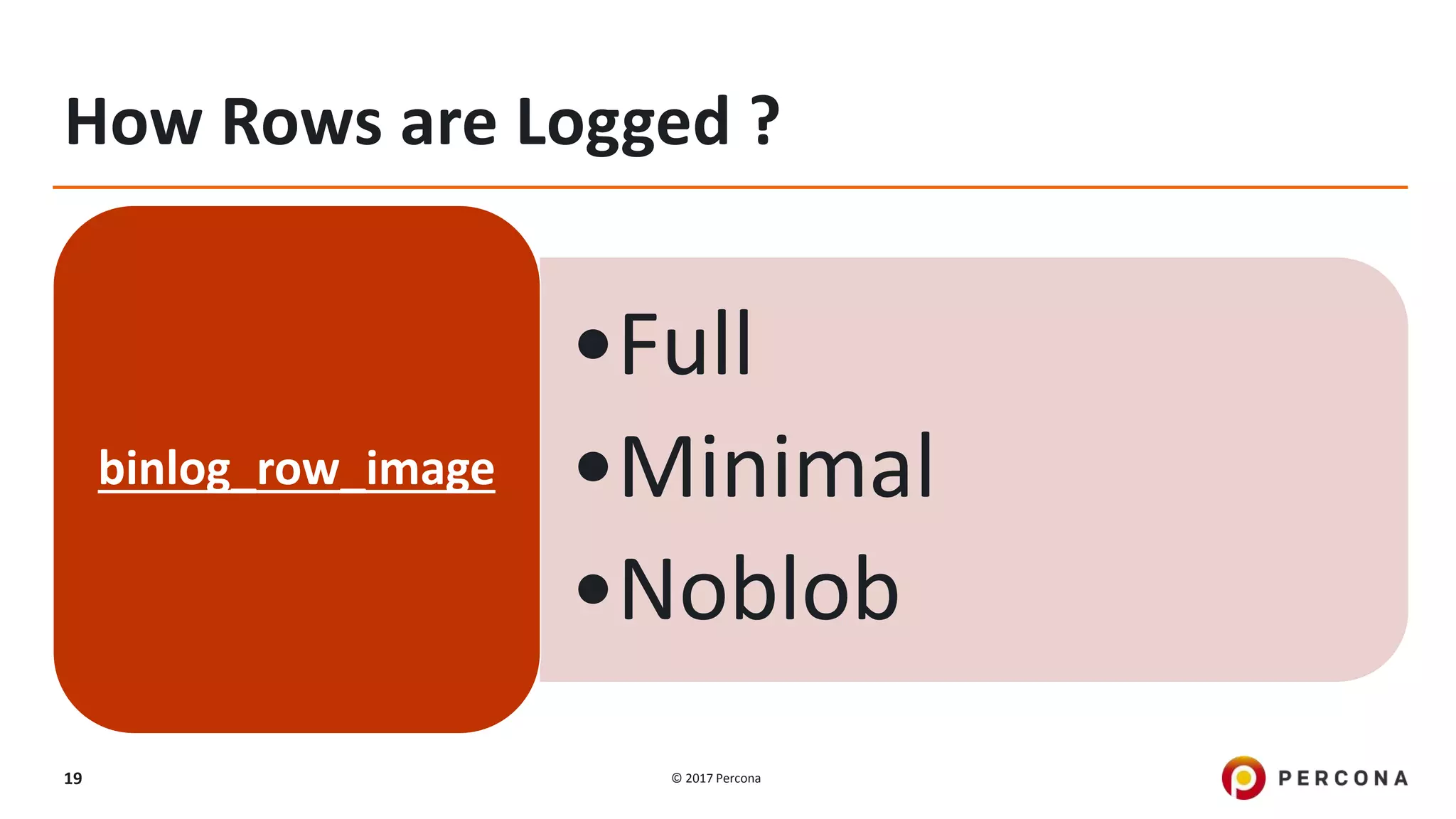 © 2017 Percona19 How Rows are Logged ? •Full •Minimal •Noblob binlog_row_image 
