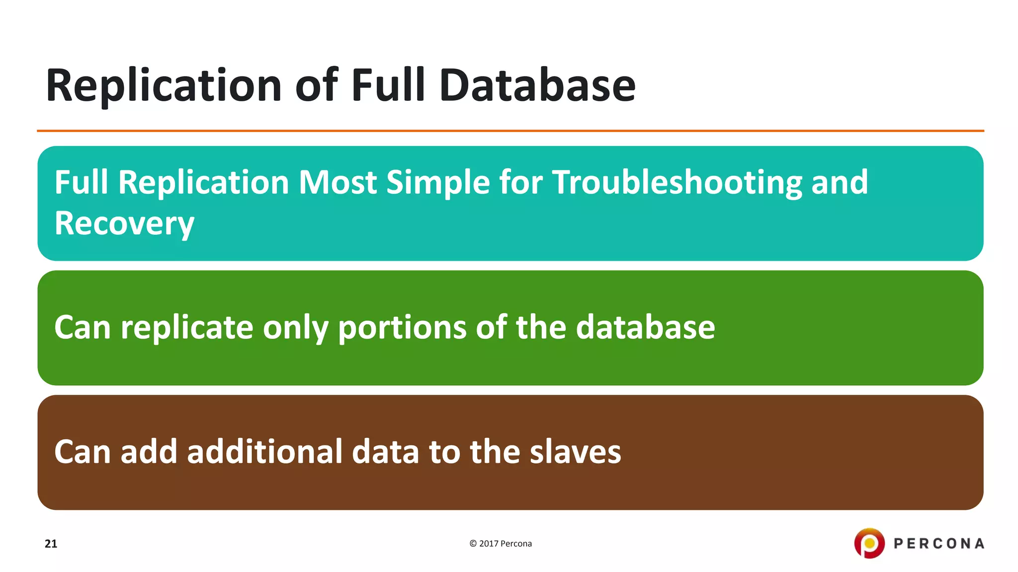 © 2017 Percona21 Replication of Full Database Full Replication Most Simple for Troubleshooting and Recovery Can replicate only portions of the database Can add additional data to the slaves 
