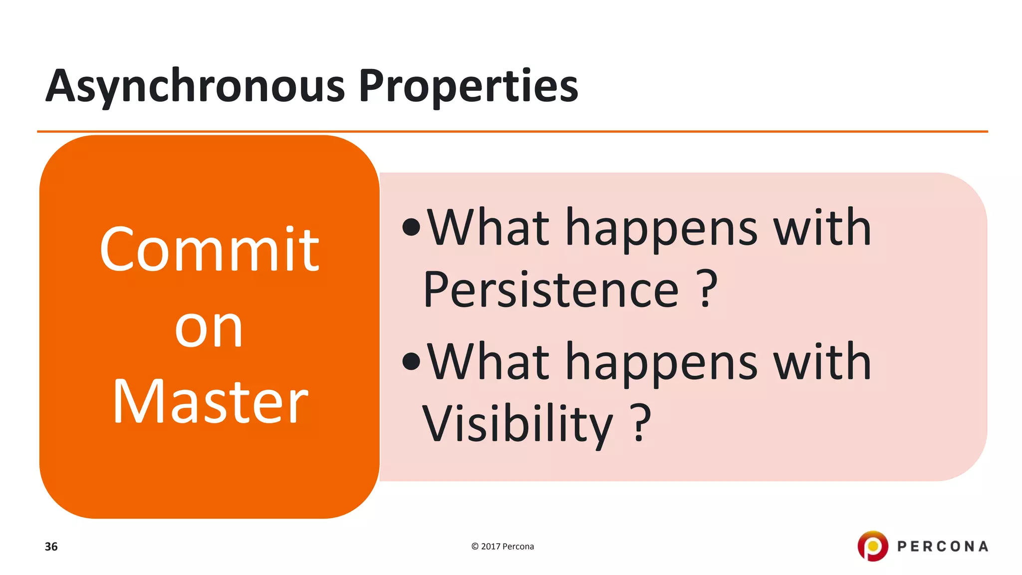 © 2017 Percona36 Asynchronous Properties •What happens with Persistence ? •What happens with Visibility ? Commit on Master 