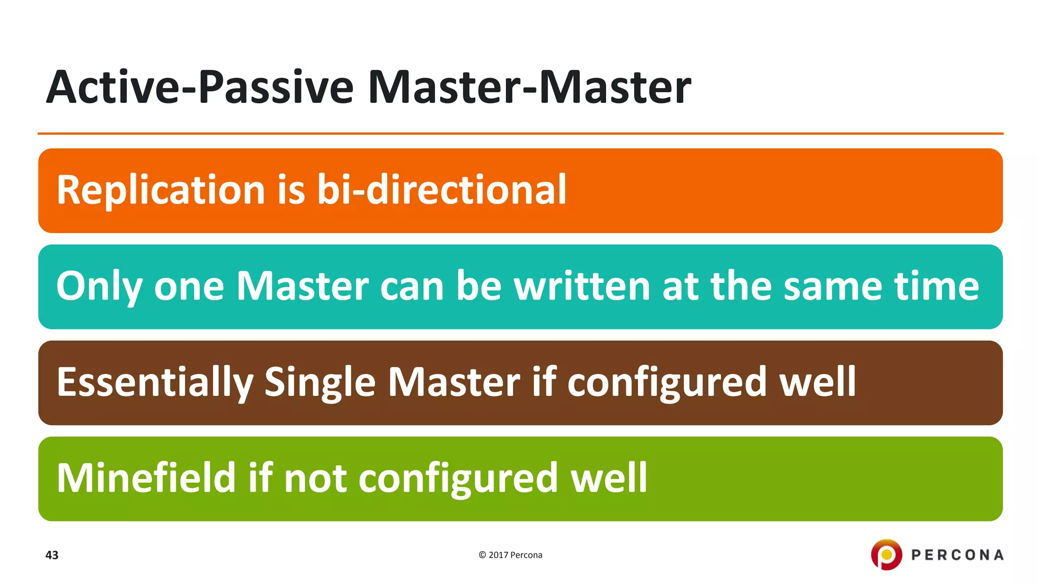 © 2017 Percona43 Active-Passive Master-Master Replication is bi-directional Only one Master can be written at the same time Essentially Single Master if configured well Minefield if not configured well 