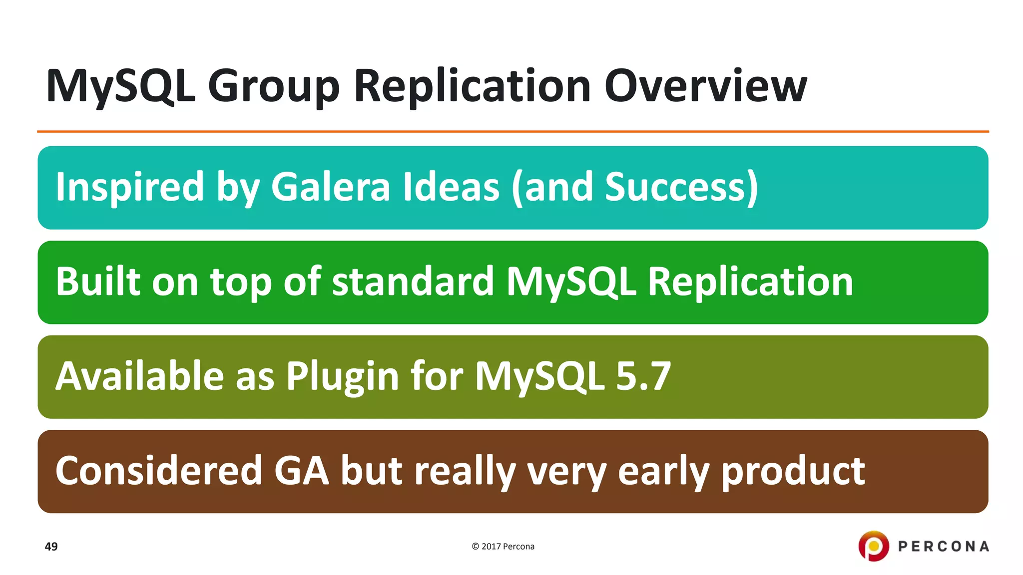 © 2017 Percona49 MySQL Group Replication Overview Inspired by Galera Ideas (and Success) Built on top of standard MySQL Replication Available as Plugin for MySQL 5.7 Considered GA but really very early product 